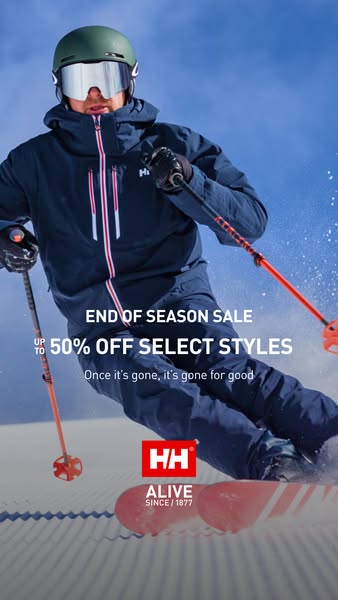 This ad promotes Helly Hansen apparel during an end of season sale. It features a skier wearing the brand's jacket a