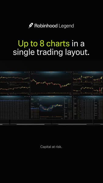 This ad highlights the Robinhood Legend feature that allows up to 8 charts in a single trading layout.