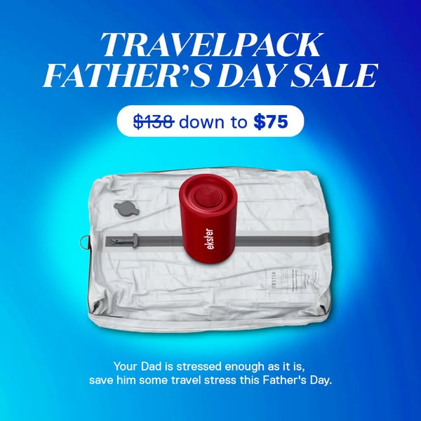 This ad features Ekster's travelpack for Father's Day, promoting a sale price. The background is a gradient blue