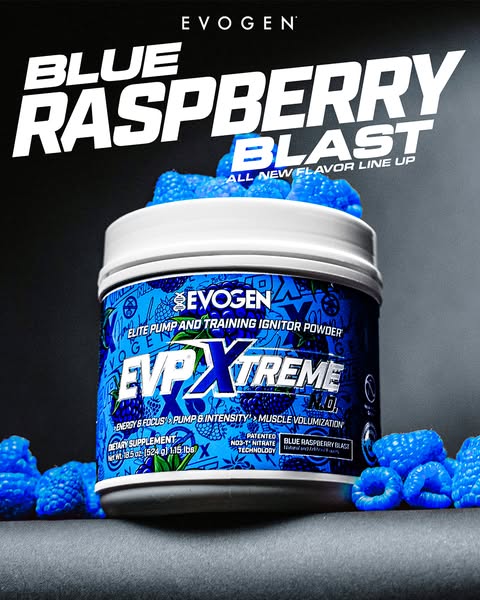 This image ad promotes Evogen's Blue Raspberry Blast flavor of its EVP Xtreme pre-workout powder. The ad showcases t