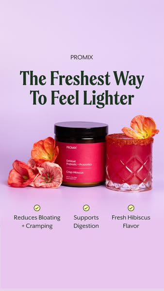 This ad promotes Promix's Debloat Prebiotic + Probiotics Crisp Hibiscus supplement. The ad features the product'