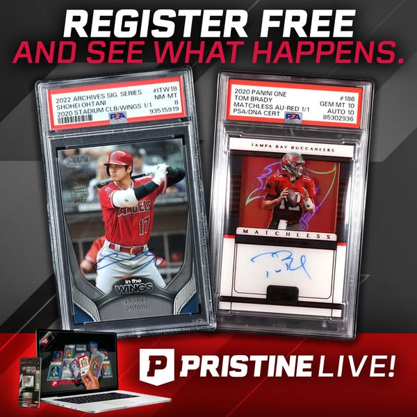 This ad for Pristine Live features two valuable baseball and football trading cards and encourages viewers to register f