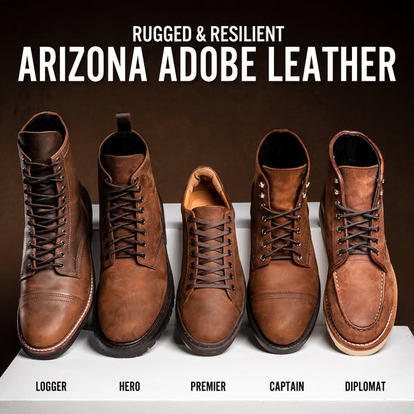 This image ad highlights five different styles of Thursday Boots Arizona Adobe Leather boots.