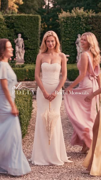 The ad showcases a woman in a wedding dress surrounded by bridesmaids in a garden setting, promoting Oh Polly's brid