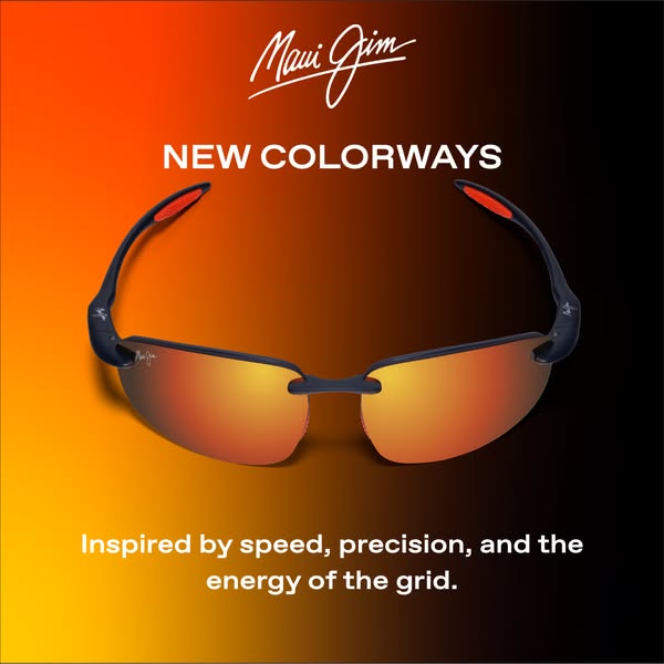 This image ad for Maui Jim sunglasses highlights their new colorways with a focus on speed, precision, and energy. The a