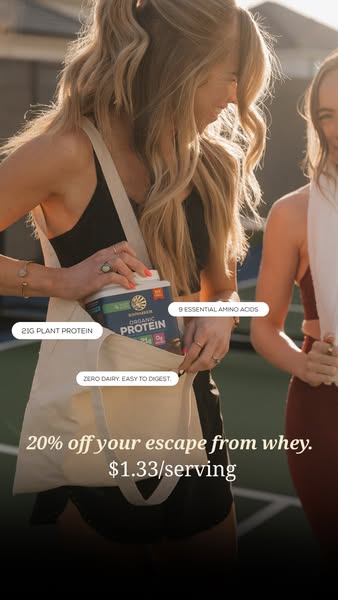 This image ad for a protein product shows two women near what appears to be a tennis court. One of the women is holding 