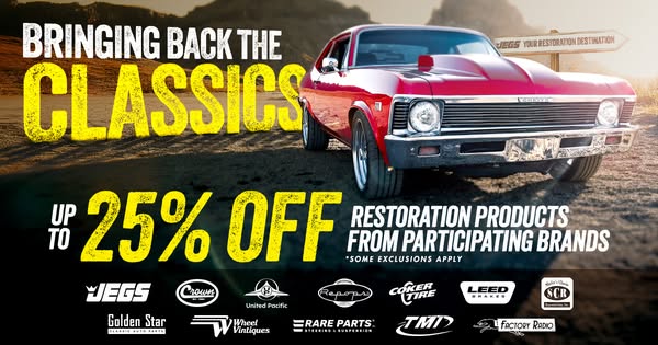 This image ad promotes up to 25% off restoration products from participating brands. It features a restored classic car 