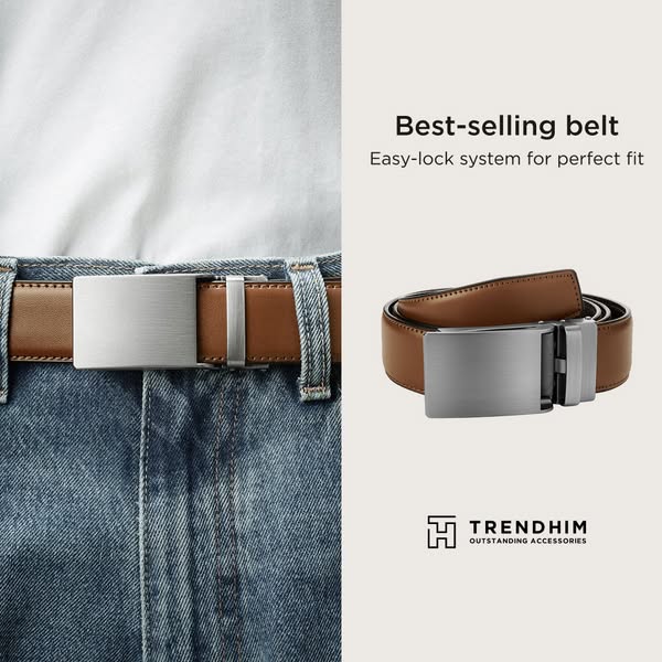 This image ad showcases a brown leather belt with a silver buckle that has an easy-lock system, with the headline 'B