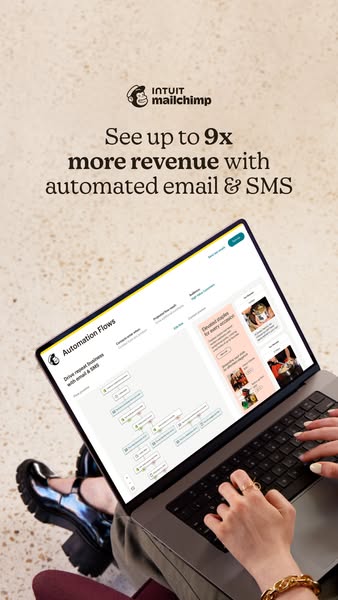 This ad for Intuit Mailchimp shows a user working on their laptop, viewing the platform's automation flows feature, 