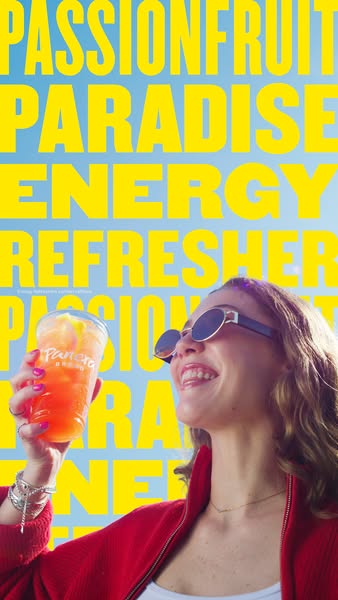 An advertisement for Panera Bread's Passionfruit Paradise Energy drinks. A woman wearing sunglasses holds the drink.