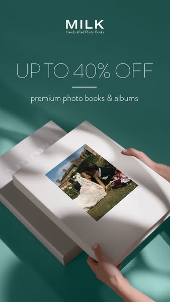 This ad promotes MILK's handcrafted photo books and albums with a limited-time offer of up to 40% off. The ad featur
