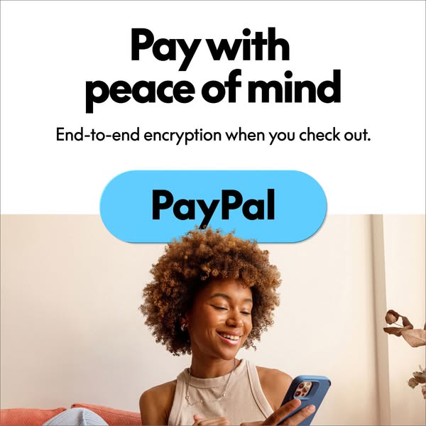 This image ad promotes PayPal as a secure payment method. It features a woman looking at her phone, with text emphasizin