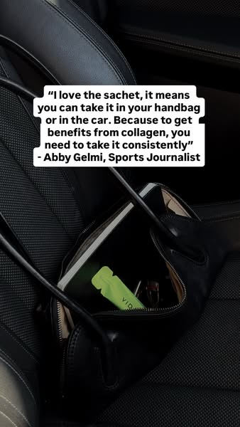 The ad features a customer testimonial emphasizing the convenience and importance of consistently taking collagen sachet