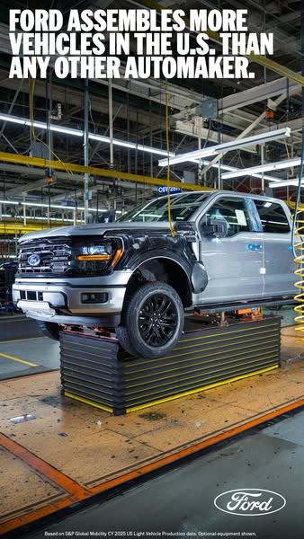 This image ad highlights Ford's US vehicle assembly numbers. The ad showcases a partially assembled silver pickup tr
