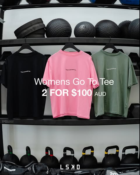This Meta image ad promotes LSKD women's go to tees. The tees are displayed in a gym setting and there is an offer o