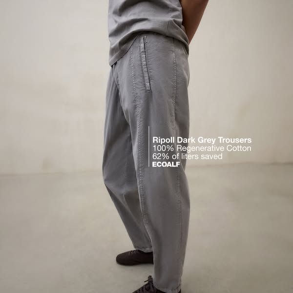 This image ad showcases the ECOALF brand's Ripoll Dark Grey Trousers, highlighting its commitment to sustainability 