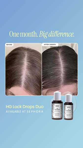 This image ad shows a before and after photo of someone's hair and advertises HG Lock Drops Duo.