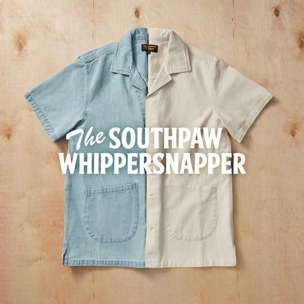 This ad showcases a shirt with a color-blocked design, with half of it in a light blue denim and the other half in a lig