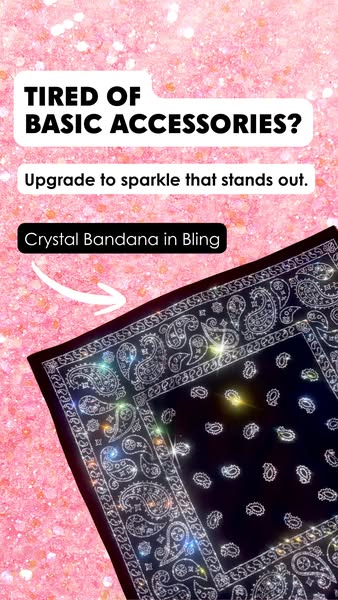 This ad showcases a bandana accessory with crystals on top of a pink glitter background. The ad headline asks the viewer