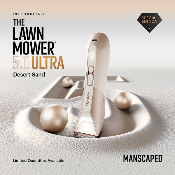 A product shot ad for the MANSCAPED Lawn Mower 5.0 Ultra in Desert Sand.
