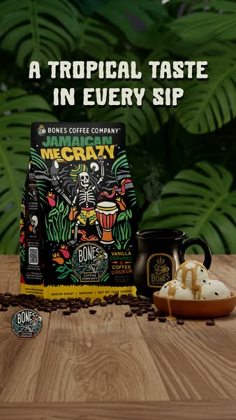 The image ad showcases Bones Coffee Company's Jamaican Me Crazy flavored coffee. The ad highlights the 'tropical