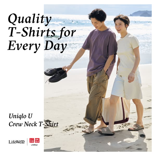 This ad for Uniqlo U Crew Neck T-Shirts features an image of a man and woman on a beach, wearing the t-shirts. The ad em