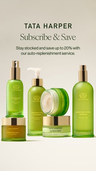 This Meta image ad for Tata Harper promotes the brand's auto-replenishment service. The image features a collection 