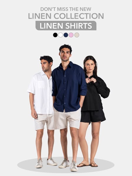 An ad for a linen shirt collection, featuring three models wearing different colors of linen shirts and shorts. The ad h