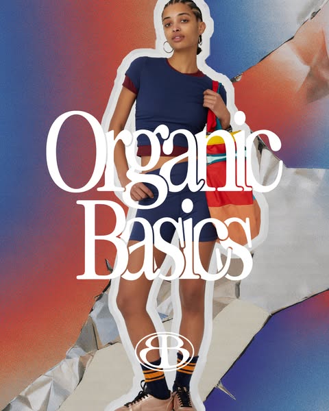 This ad showcases the Organic Basics brand with a model wearing its activewear. The image uses a vibrant, stylized backg