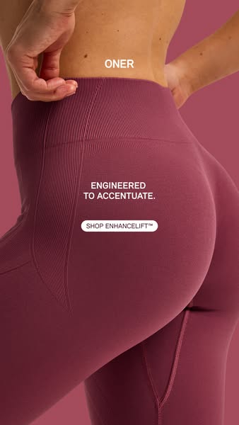 This ad features the Oner EnhanceLift leggings. The leggings are a maroon color. The ad calls out that the leggings are 