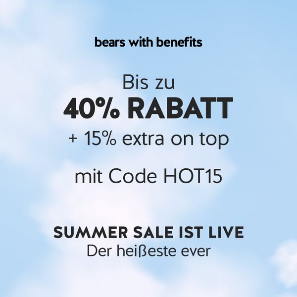 This ad promotes a summer sale from Bears with Benefits, offering up to 40% off plus an extra 15% off with code HOT15.