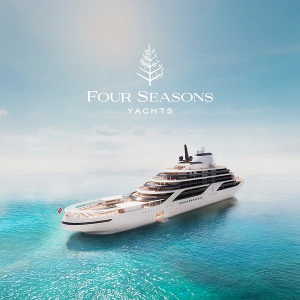 This image ad for Four Seasons Yachts showcases an exterior shot of one of their yachts sailing on the ocean.