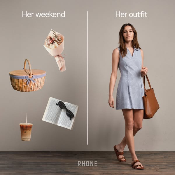 This ad for Rhone apparel uses a split screen to compare a woman's weekend to her outfit, implying the outfit is app