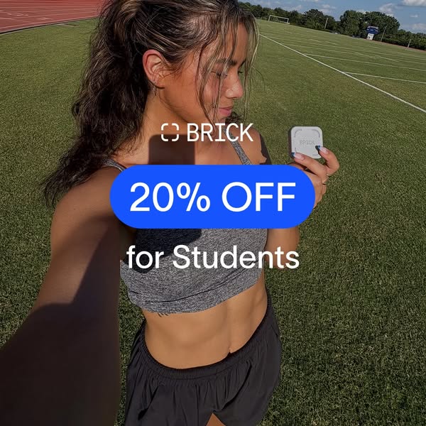 This image ad features a young woman holding a product while offering a student discount.