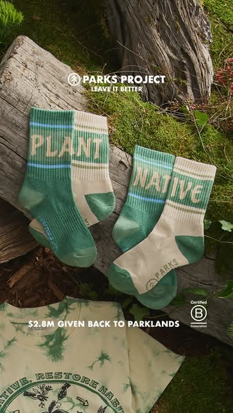 This ad showcases Parks Project apparel, including socks and a tie-dye tee. The ad conveys the message that a portion of