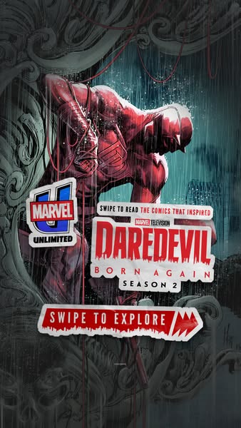 This full-screen ad for Marvel Unlimited promotes Daredevil Born Again Season 2 with a high-action image of Daredevil, a