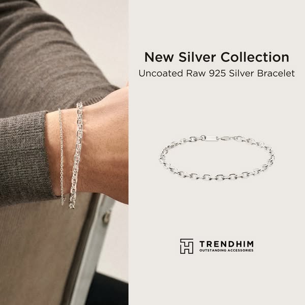 An advertisement for TRENDHIM's new silver collection, specifically showcasing an uncoated raw 925 silver bracelet. 