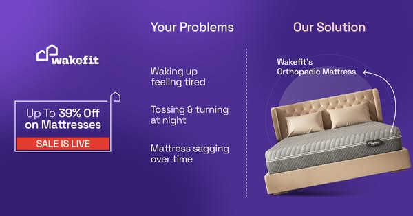 The ad highlights the problems of waking up feeling tired, tossing and turning at night and mattress sagging over time a