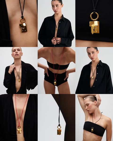 This ad showcases jewelry in a grid format. The jewelry is worn by models in different poses, with different clothing, w