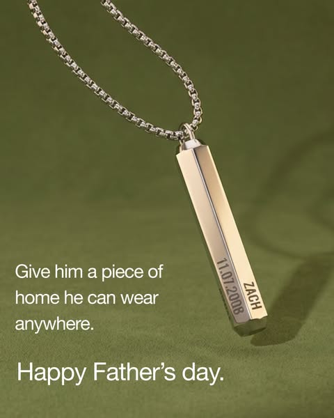 This Father's Day ad features a pendant on a chain against a green background. The text encourages viewers to 'G