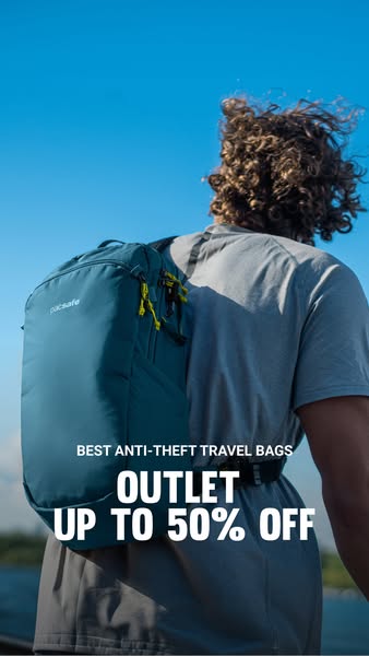This ad features a person wearing a blue Pacsafe backpack. The ad promotes an outlet sale with up to 50% off.