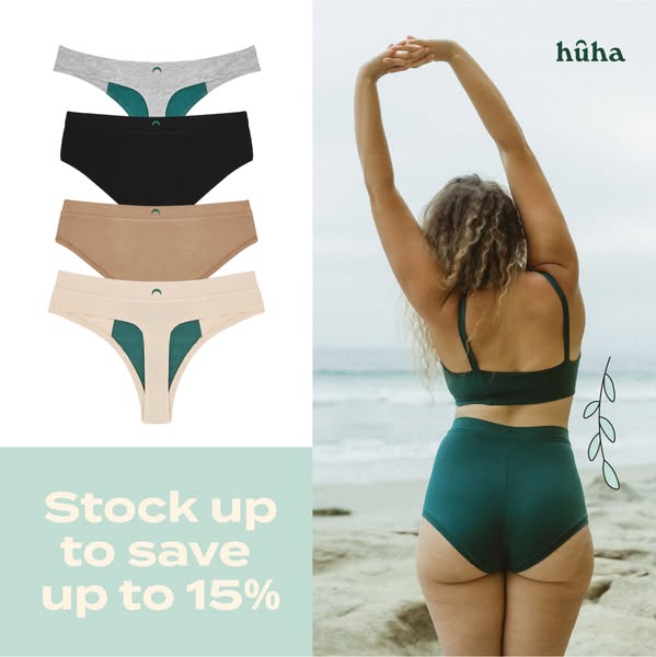 This ad is for Hūha underwear and features a woman stretching on the beach with a stack of the brand's underwear sty