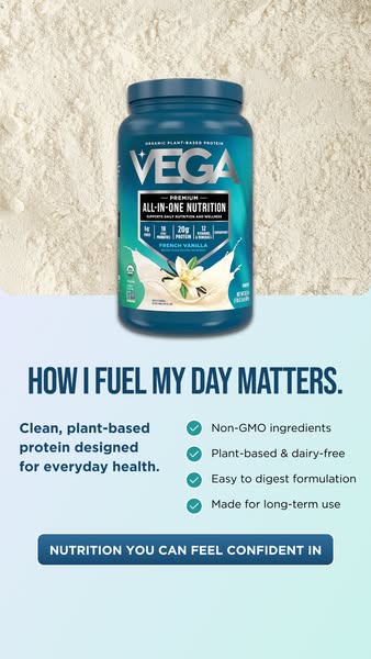 This ad promotes Vega Premium All-in-One Nutrition protein powder. The image highlights the product’s plant-based ingred