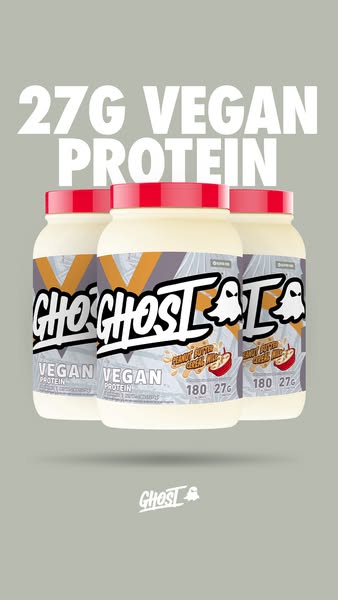 Ad for Ghost Vegan Protein in peanut butter cereal milk flavor. The ad highlights the protein content and advertises the