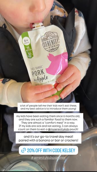 The ad showcases a baby eating a Serenity Kids pork and apple pouch, accompanied by a testimonial from a mother emphasiz