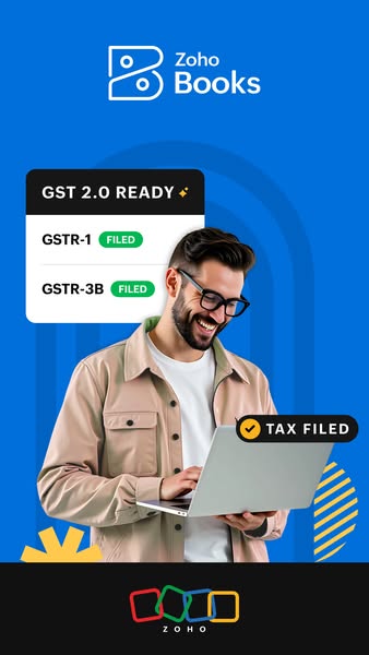 This ad promotes Zoho Books' tax filing software by showcasing its compatibility with GST 2.0 and the successful fil