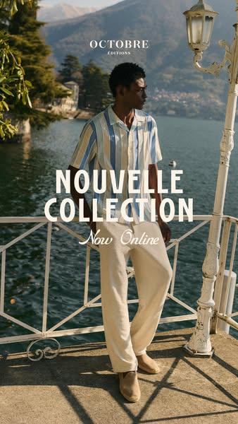 This ad showcases a casually dressed model standing on a balcony overlooking a scenic lake. The ad promotes the new coll