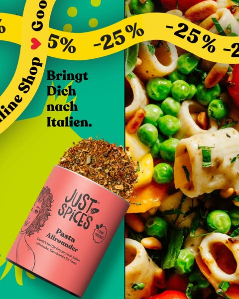 This ad for Just Spices features a visual split screen. The left side of the screen has a teal background with a yellow 