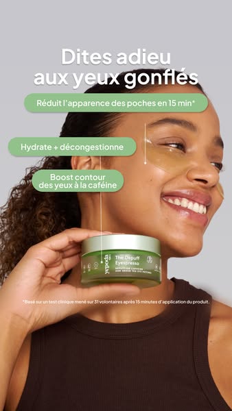 This image ad showcases Yepoda's 'The Depuff Eyespresso' eye patches. The ad uses a close-up shot of a woman