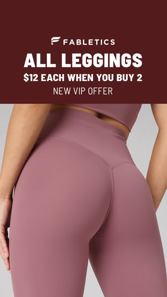 This Fabletics ad features a close-up image of a woman wearing a matching set of the brand's leggings and top. The a